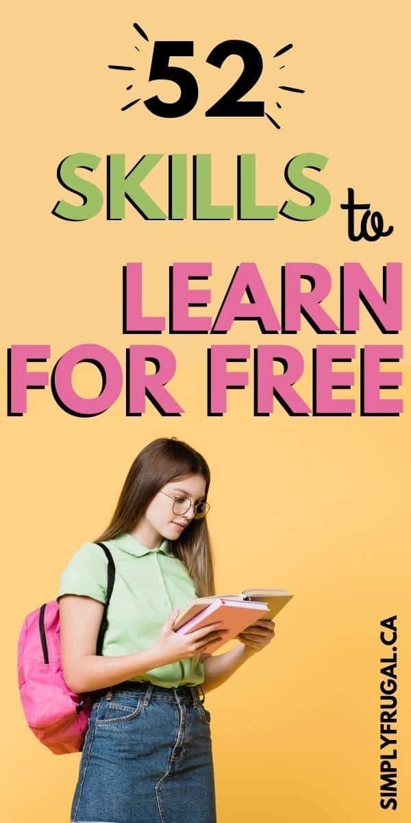 a girl with a pink backpack is reading a book and has the title 52 skills to learn for free