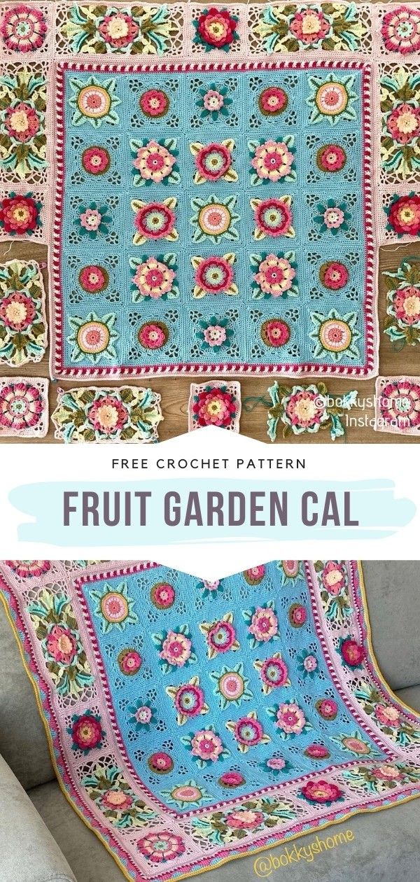 the free crochet pattern for a fruit garden cal blanket is shown in blue and pink