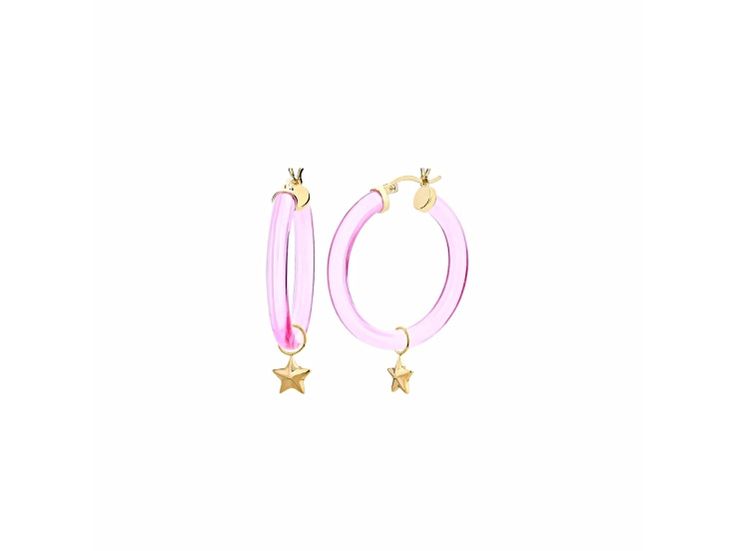 14k yellow gold over sterling silver acrylic mini star charm hoop earrings in pink Star Charms, Hoop Earrings, Yellow Gold, Sterling Silver, Stars, Yellow, Silver, Gold, Pink