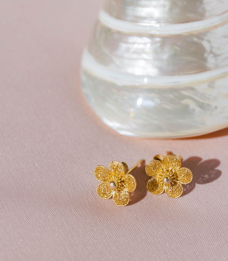 Sampaguita Filigree Stud Earrings - AMAMI Filigree Flower Earrings, Yellow Gold Flower-shaped Bridal Earrings, Traditional Flower Earrings With Intricate Design For Gift, Traditional Flower Earrings With Intricate Design As Gift, Traditional Gold Flower Earrings, Traditional Flower Earrings For Festive Occasions, Traditional Flower Earrings For Wedding, Gold Flower Earrings For Festive Occasions, Gold Flower Earrings For Celebration