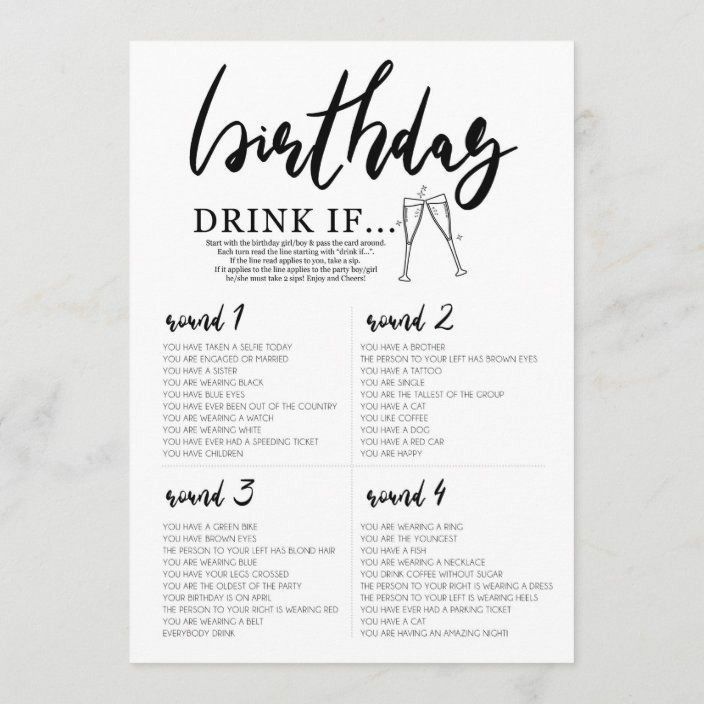 a black and white wedding seating card with the words,'birthday drink it '