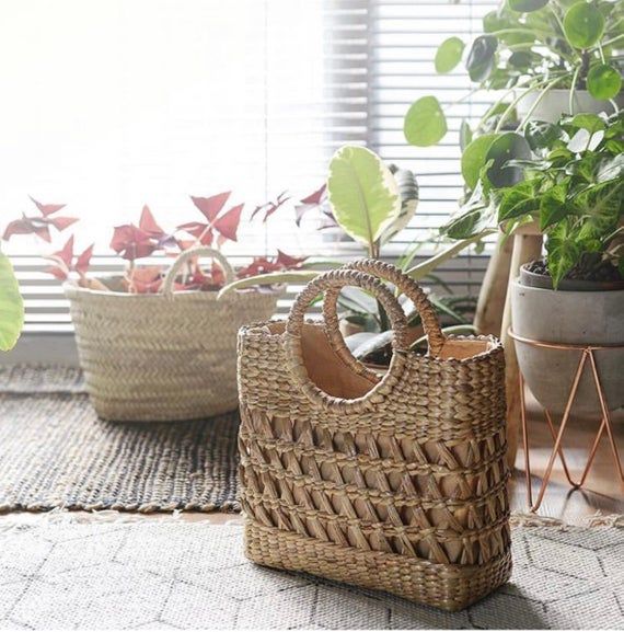 Beach bag Straw bag Weaving seagrass top handle bag | Etsy Sustainable Bags Eco Friendly, Jute Straw Bag With Round Handle, Woven Jute Straw Bag With Round Handle, Eco-friendly Beige Straw Bag With Round Handle, Round Handle Woven Jute Straw Bag, Beige Bohemian Straw Bag With Handles, Vacation Jute Straw Bag With Round Handle, Jute Straw Bag With Round Handle For Vacation, Natural Straw Bag With Top Handle For Beach Season