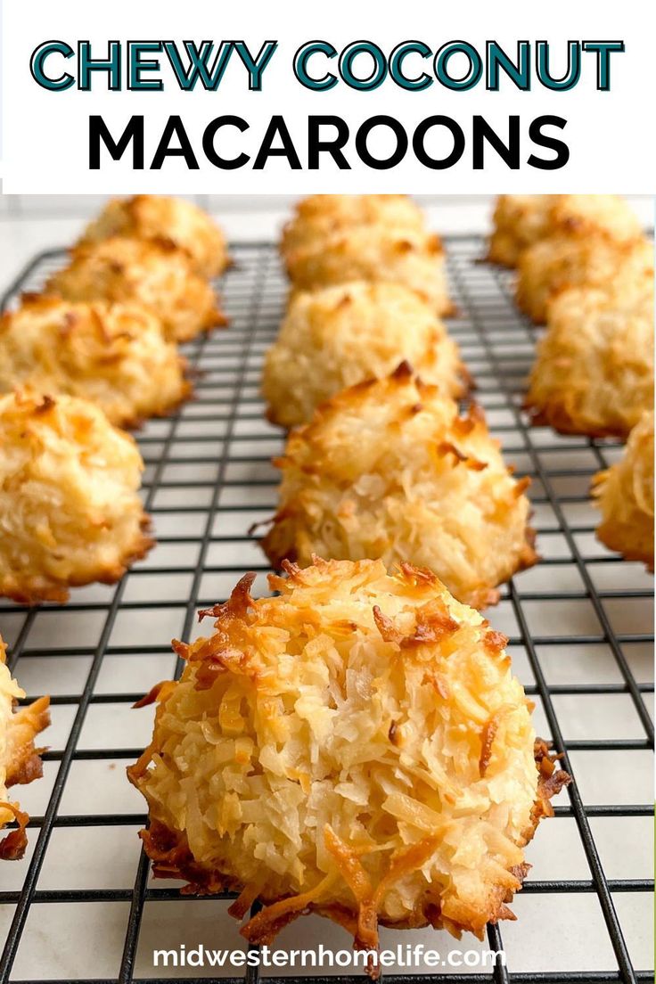 coconut macaroons on a cooling rack with the words cheesy coconut macaroons