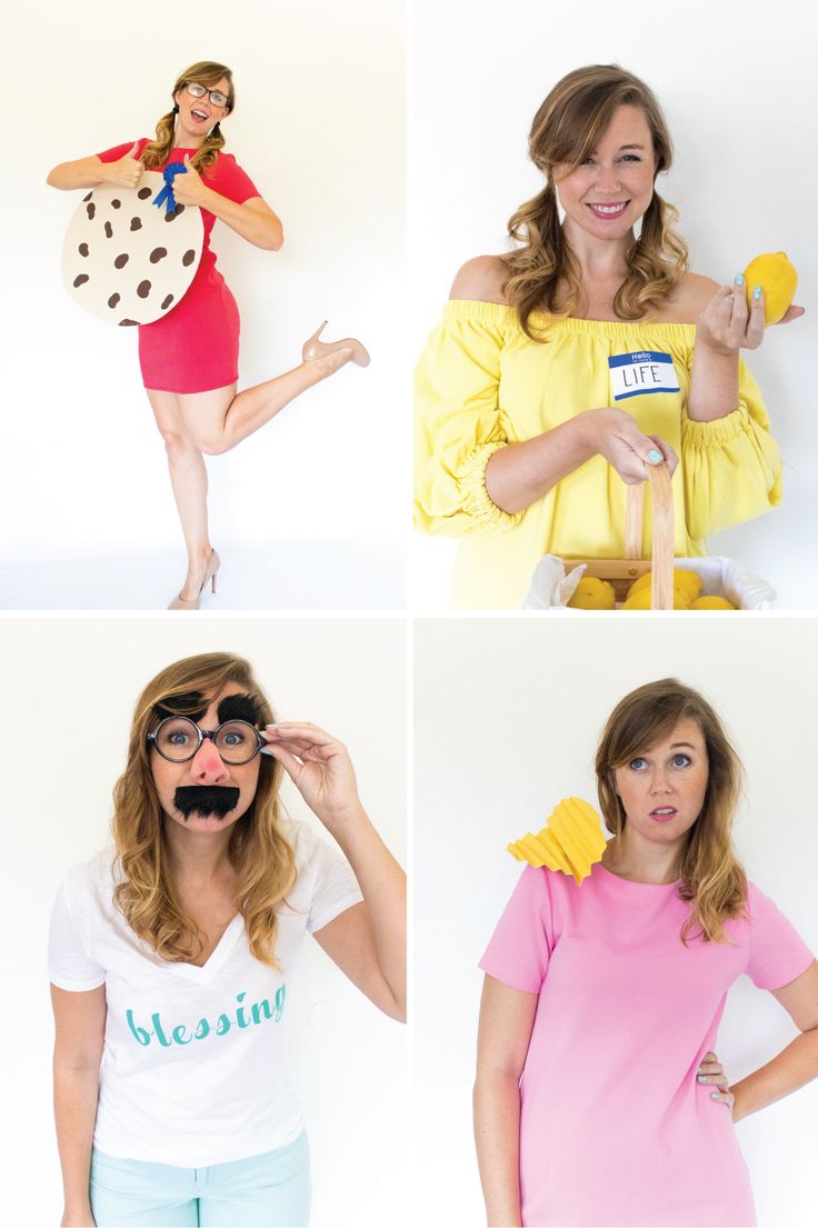 four different women in costumes posing for the camera, one with a fake moustache on her face