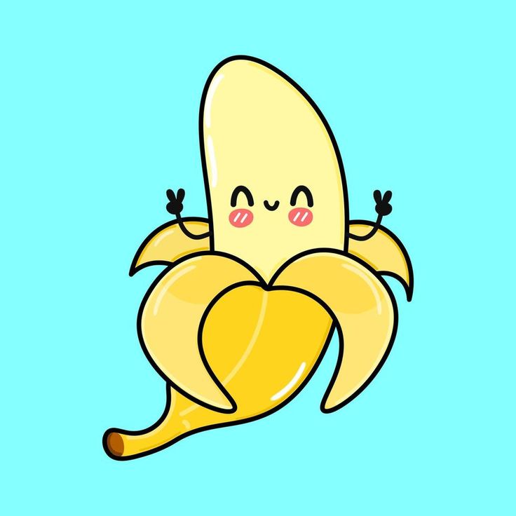 a cartoon banana with its eyes closed and tongue out, floating in the air on a blue background