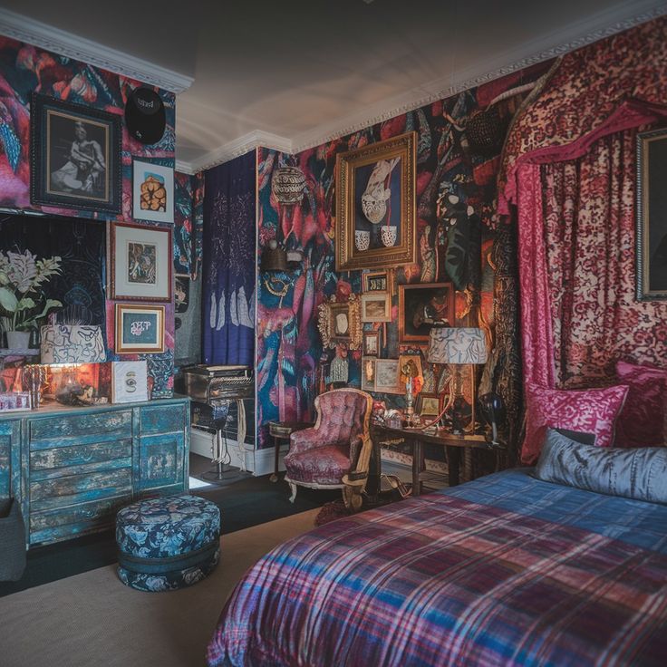 a bedroom decorated with colorful wallpaper and furniture