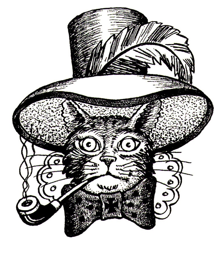 a black and white drawing of a cat wearing a hat with a pipe in it's mouth