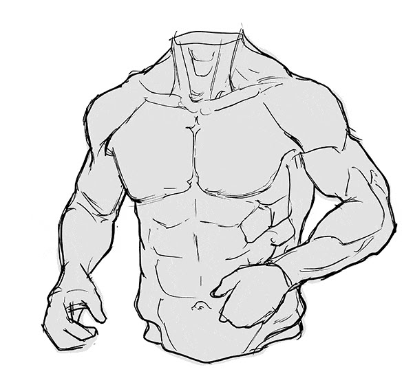 a drawing of a man's torso with no shirt on, and his hands in his pockets