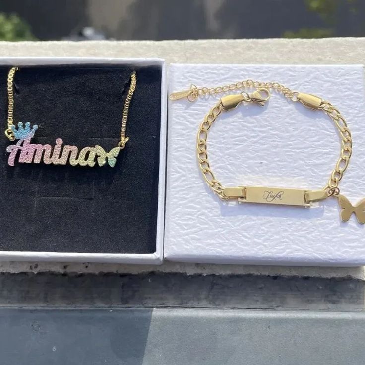 Material: Copper. Color: Gold. Necklcae Chain Length: 14",16",18",20",22". Bracelet Chain Length: 5.5",6.5",7.5",8.5". Process: Gold plated. Recipient: Woman, Mom, Wife, Girl Friend, Children, Family. Product Type: Personalized Jewelry. Gift Type: Set. Occasions: Valentine's Day, Mother's Day, Christmas, Birthday, etc. Jewelry Type: Name Necklace, Name Bracelet. Brand: Silviax Jewelry. Item: 2023S0107 Customized Multicolor Jewelry For Birthday Gift, Personalized Multicolor Jewelry For Birthday Gift, Personalized Metal Jewelry For Birthday Gift, Adjustable Nameplate Jewelry, Customizable Metal Necklace With Adjustable Fit, Customized Multicolor Jewelry For Jewelry Making, Customizable Adjustable Metal Necklaces, Multicolor Personalized Name Jewelry For Gifts, Customizable Adjustable Metal Necklace