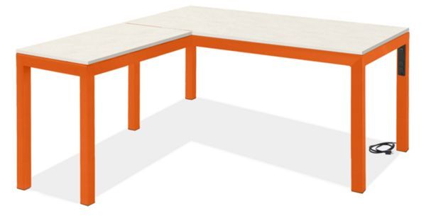 an orange and white desk with two sections on each side that are connected to one another