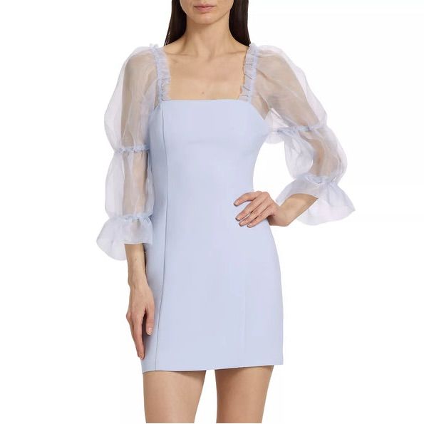 The Amanda Uprichard Tia Dress - Arctic Features Flaunts Voluminous, Sheer Organza Sleeves For A Dramatic Touch. Framed By A Structured Square Neck, This Fitted Silhouette Is Finished With Princess Seams. Square Neck Three-Quarter Sleeves Back Zip Closure 100% Polyester Lining: 100% Polyester Machine Wash Imported Fitted Mini Dress With Sheer Sleeves, Light Blue Fitted Midi Mini Dress, Fitted Light Blue Midi Mini Dress, Fitted Dress With Sheer Sleeves For Summer, Fitted Square Neck Dress For Brunch, Summer Fitted Dress With Sheer Sleeves, Elegant Mini Dress With Sheer Sleeves And Square Neck, Spring Dress With Sheer Sleeves And Square Neck, Fitted Sheer Mini Dress