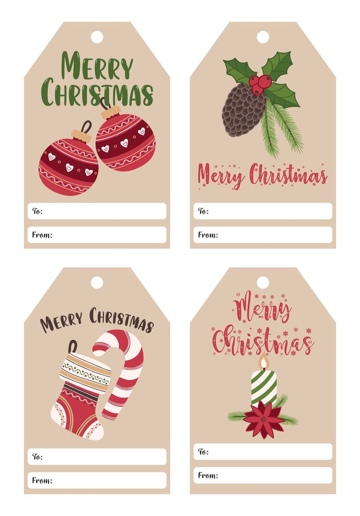 four tags with christmas decorations on them