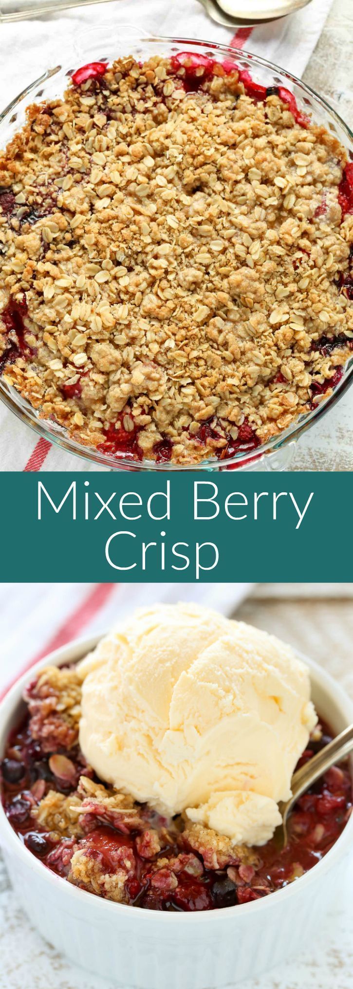 two pictures with different types of desserts in them and the words mixed berry crisp on top