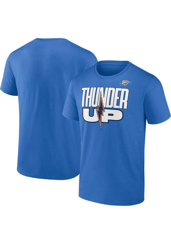 Show off your team pride in this Oklahoma City Thunder Blue Hometown Short Sleeve T Shirt! This OKC Short Sleeve Tee features a local inspired team graphic on chest. Make sure everyone knows you root for the Thunder with this Blue OKC T Shirt. Go Thunder! 100% cotton material, Rib-knit collar, Crew neckline, Screen printed team graphic on center chest, Machine wash, tumble dry low, Fit: Runs Small Blue Team Spirit T-shirt For Game Day, Collegiate Tops With Graphic Print For Team Events, Team-colored Tops With Graphic Print For Team Events, Collegiate Blue Tops For Team Events, Blue T-shirt For Team Events During Sports Season, Blue Graphic Tee For Game Day, Blue Fan Apparel Tops For Game Day, Casual T-shirt With Team Logo For Team Events, Blue Tops For Team Events During Sports Season