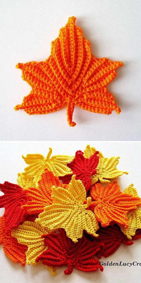 crocheted autumn leaves are shown in two different colors, one is orange and the other is yellow