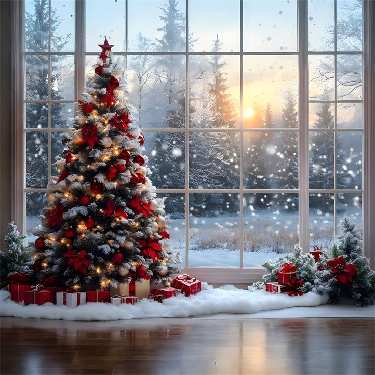 a decorated christmas tree sitting in front of a window with snow falling on the ground