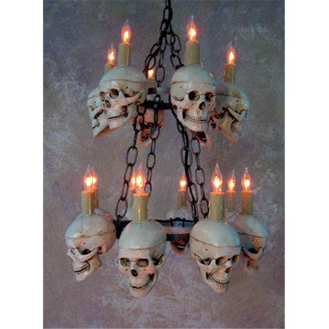 a chandelier with skulls hanging from it's sides and lit candles in the middle