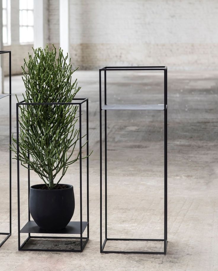 three black planters with plants in them sitting on the floor next to each other