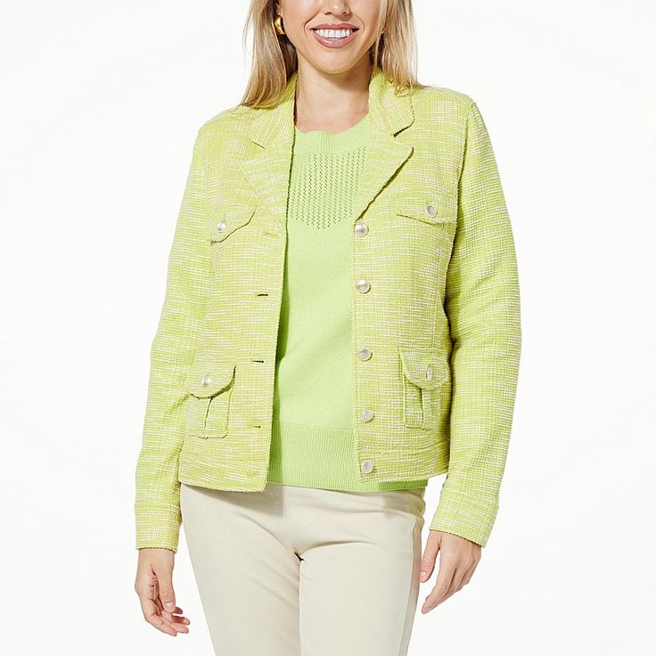 Jaclyn Smith Stretch Knit Tweed Jacket  A crowd-pleaser with its trendy texture and cool pockets, this short, classic everyday jacket has the power to elevate even the most casual outfits. Sitting right at the hip, the button-front topper keeps your look classy and a little sharper and sleeker than your typical outerwear. Pair this durable yet soft-to-the-touch tweed jacket with dark denim for a rustic yet refined autumn look, or layer it over a floral sundress for a chic spring or summer ensemble. Fabric Drape, Knit Tweed, Buttons Design, Everyday Jacket, Jacket Collar, Notched Neckline, Jaclyn Smith, Floral Sundress, Crowd Pleaser