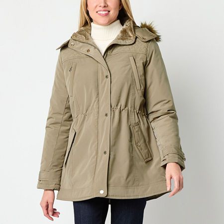 Made with a water-resistant shell and warm fill, this anorak women's jacket from Miss Gallery is ready to take on the elements. It has a detachable faux fur-trimmed hood- perfect for blocking the wind, and features a high collar, chest zip pockets, side snap-button pockets and long sleeves. The concealed inner drawstring waist ensures a customized fit, and it's secured with a zip and snap-button front closure.Features: Water Resistant, Hooded, Drawstring WaistClosure Type: Snap & ZipperFit: Clas Beige Long Sleeve Parka For Cold Weather, Winter Long Sleeve Parka With Button Closure, Beige Parka With Double-lined Hood For Cold Weather, Long-sleeved Travel Parka With Pockets, Travel Parka With Double-lined Hood And Long Sleeves, Puffer Jacket Women, Fur Trim, Drawstring Waist, Water Resistant