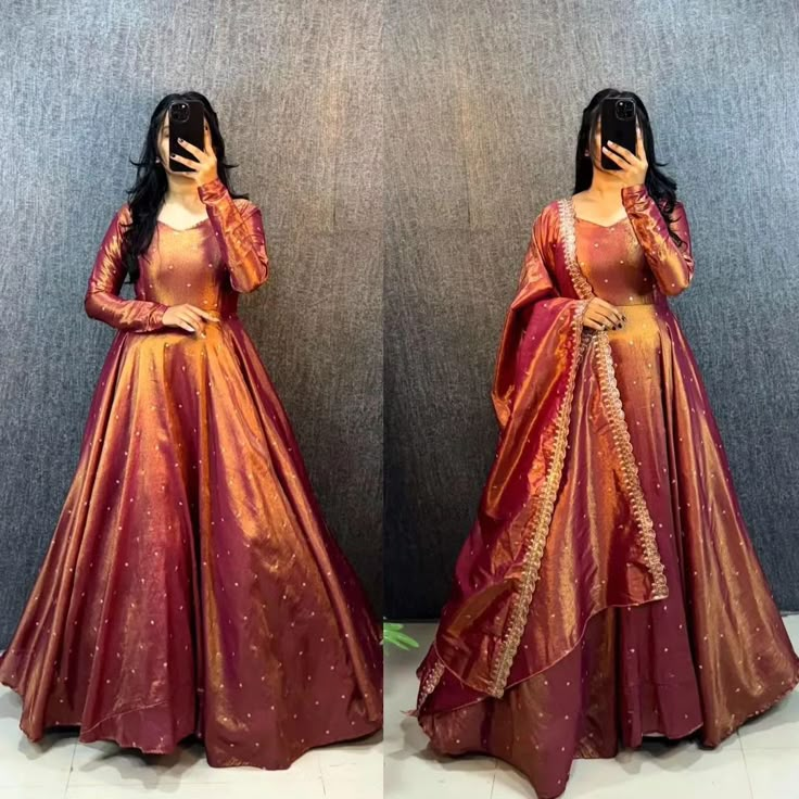 Om shree matre namah🙏🏻 🌻🌻🌻🌻🌻🌻🌻🌻🌻🌻 AV Price:1,549 free shipping(1st quality)* *Hit Design At Best price* Launching our Most Demanding Designer Silk Gown GOWN *FABRIC:- * Premium Tissue Silk with Designer Threads & Sequence Work* SIZE:- Full-Stitch S, M, L, XL, XXL, 3X1 LENGTH:-52+ a FLAIR:- 4 MTR LINING :* micro cotton *Dupatta :-* Thread& Sequence Border Work *LENGTH: *2.30MTR *Package Contain*: Gown+Dupatta Silk Saree Gown, Exclusive Gowns, Half Saree Lehenga, Gown With Dupatta, Long Gown Design, Anarkali Dress Pattern, Saree Gown, Pakistani Fancy Dresses, Half Saree Designs