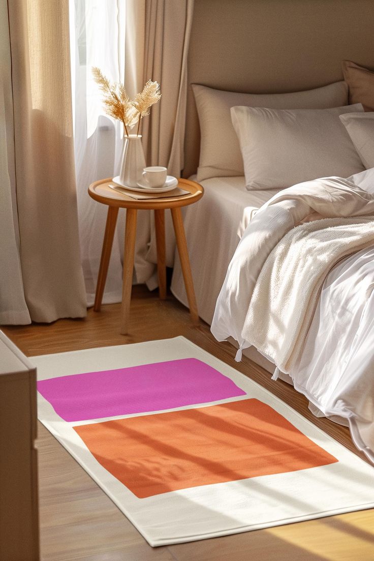 a bed with white sheets and pillows in a bedroom next to a small round table