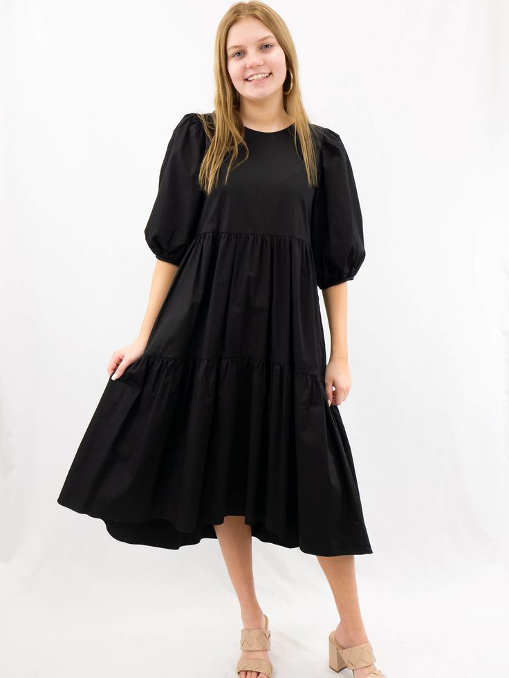 Black Puffy Sleeve Maxi, Luxury Black Puff Sleeve Dress With Elastic Sleeves, Sunday Dresses, Frock Models, Puff Sleeve Midi Dress, Simple Black Dress, Tiered Dress, Puff Sleeves, Cotton Dresses