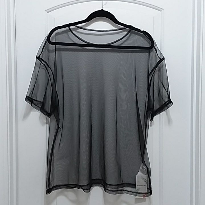 Black Sheet Top. Nwt...Size Xl...See Photos For Care Details...091523mbcl Black Sheer Shirt For Night Out, Black Sheer Summer Shirt, Black Crew Neck Shirt For Summer, Black Sheer Crew Neck Top, Black T-shirt For Night Out In Spring, Black Sheer Mesh Top With Short Sleeves, Black Sheer Shirt For Spring, Sheer Black Shirt For Spring, Casual Black Mesh Top