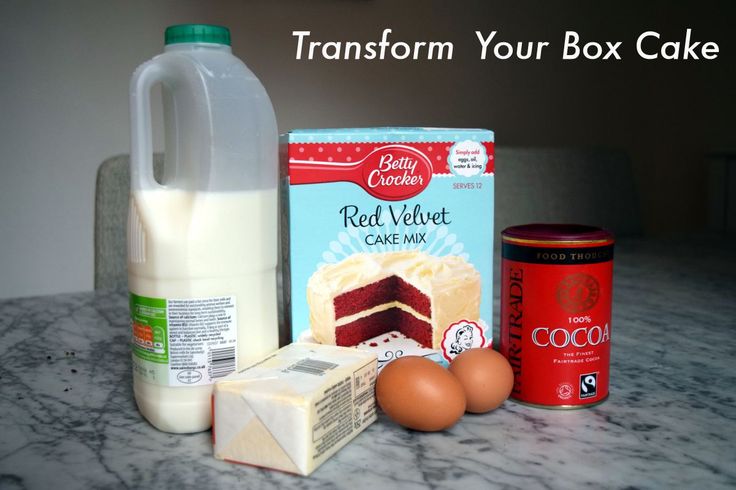 ingredients to make red velvet cake laid out on a counter