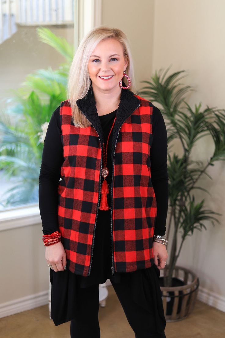 Go ahead, girl, grab your bags and let's meet in Aspen! I've got this new resort ready buffalo plaid vest I'm dying to wear. Okay, maybe not Aspen, but town for drinks will do! This vest features a full zip up the front, hidden pockets and is lined on the inside with black Sherpa. Mallory is wearing size small. Nancy is wearing size 2XL. Size Suggestions: Small: 2-4 Medium: 6-8 Large: 10-12 1XL: 14-161 2XL: 18-20 3XL: 22-24 About the fit: As always, if you have a large bust or hips, we suggest g Buffalo Plaid Vest, Ive Got This, Sherpa Vest, Zip Up Vest, Giddy Up Glamour, Plaid Vest, Sherpa Lined, Large Bust, Last Chance