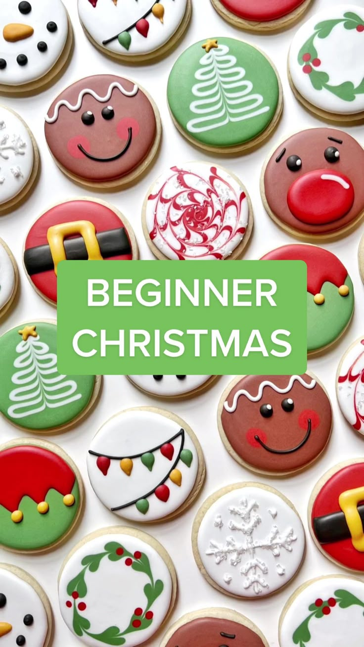 decorated christmas cookies with the words beginer christmas on them in green and white letters