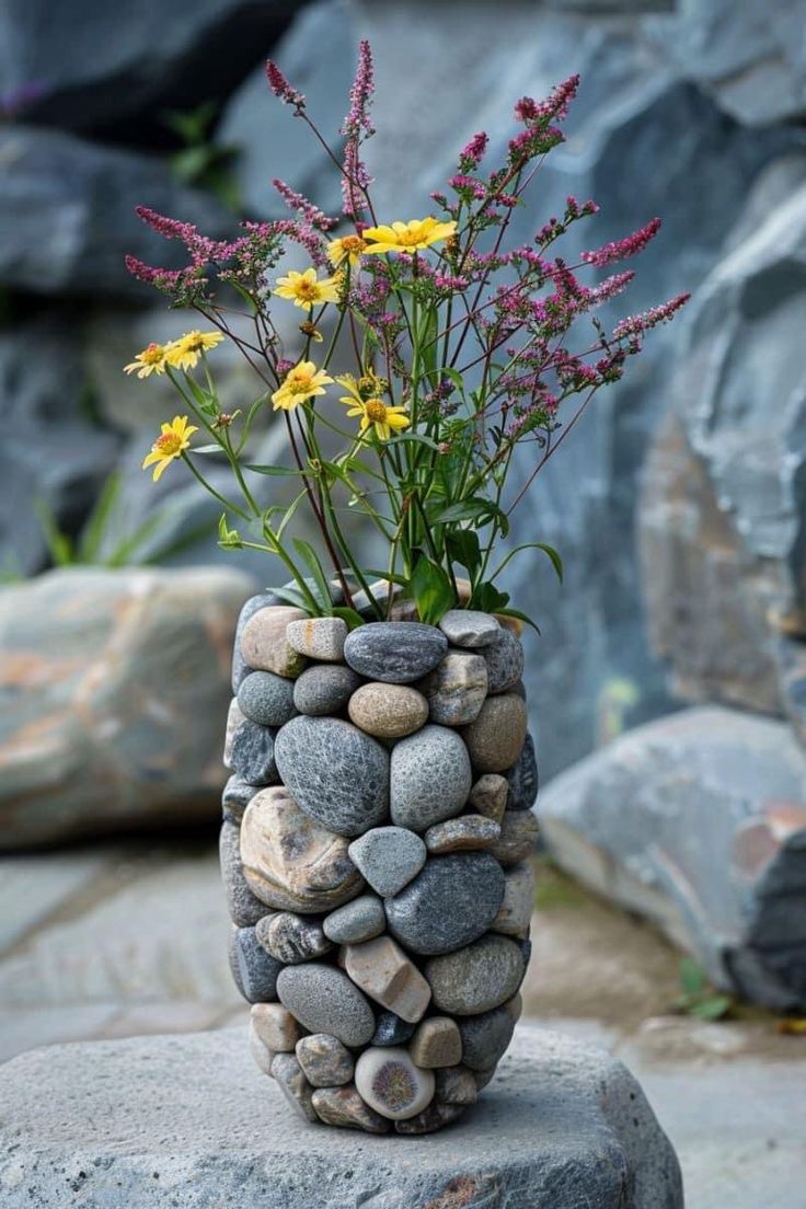 a vase filled with rocks and flowers on top of a rock