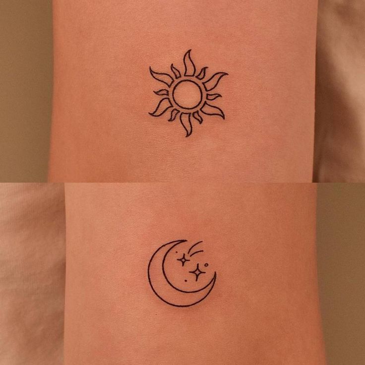 two sun and moon tattoos on the back of their arm, one with a crescent