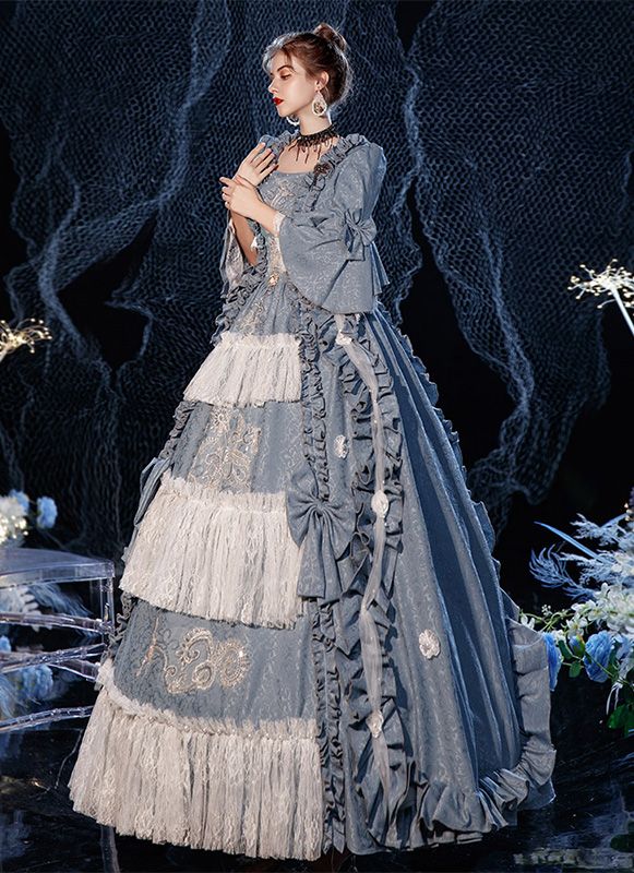 Rococo Baroque Blue Marie Antoinette Dresses 18th Century Renaissance Historical Period Dress Reenactment Clothing Vintage Blue Baroque Dress, Blue Vintage Baroque Dress, Blue Baroque Vintage Dress, Blue Baroque Victorian Dress For Costume Party, Blue Baroque Costume Dress, Blue Victorian Dress For Party, Blue Vintage Victorian Dress With Baroque Style, Blue Vintage Victorian Dress In Baroque Style, Blue Victorian Dress With Ruffles For Costume