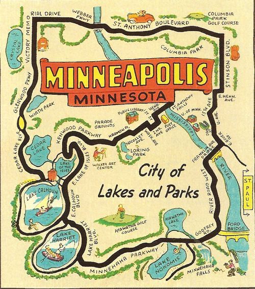 a map of minnesota with the city of lakes and parks on it's side