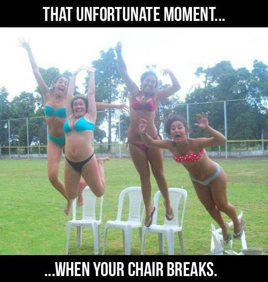 three women in bikinis jumping off chairs into the air with their arms up and legs spread out