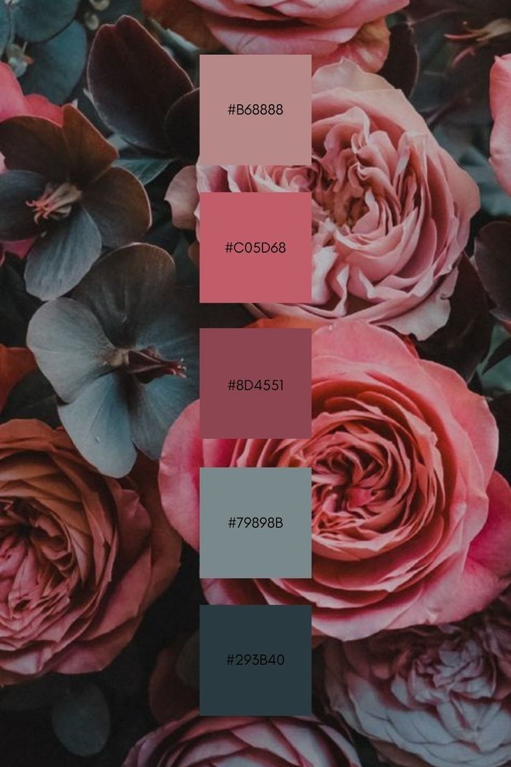 some pink flowers and green leaves are in color swatches for the same design scheme