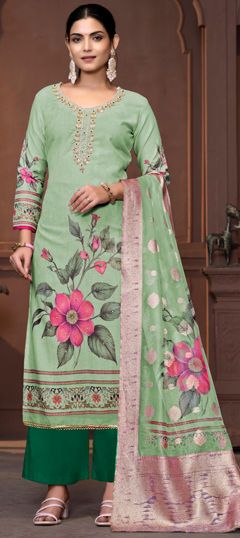 Green color Salwar Kameez in Cotton fabric with Broches, Floral, Printed, Thread work Festive Pista Green Salwar Kameez With Floral Print, Pista Green Anarkali Salwar Kameez With Floral Print, Anarkali Salwar Kameez In Pista Green With Floral Print, Pista Green Floral Print Salwar Kameez With Straight Kurta, Wedding Green Kurta With Floral Print, Eid Floral Print Pista Green Salwar Kameez, Pista Green Floral Print Salwar Kameez For Eid, Pista Green Floral Salwar Kameez For Eid, Traditional Green Lawn Suit With Floral Print