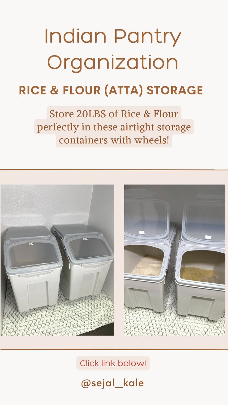 Perfect storage for your Rice and Flour bags (20lbs or 15 kgs). Airtight and has wheels for easy movement. #indianpantryorganization #ricestoragecontainer #organizedpantry #smallpantryorganizationideas #indianpantryorganizationideas #petfoodstorageideas Large Rice Storage Container, Rice Storage Ideas Kitchen Organization, Rice Storage Ideas, Indian Pantry Organization, Rice Container Storage, Flour Storage, Flour Container, Small House Living, Rice Storage