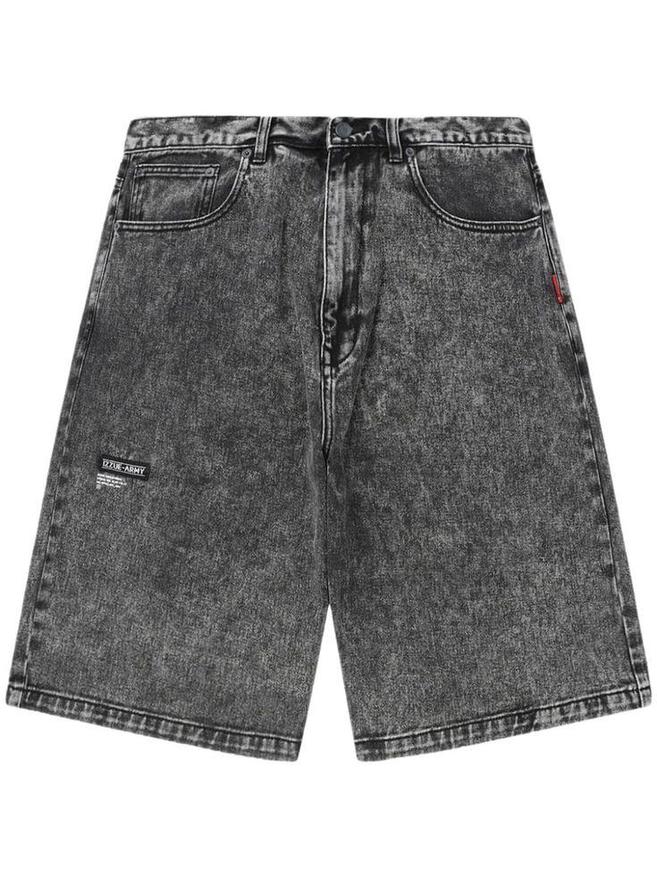 black cotton washed denim logo patch to the front logo patch to the rear classic five pockets belt loops front button and zip fastening knee-length straight hem Jean Jorts, Jean Patches, Knee Length Denim Shorts, Kids Fashion Wear, Denim Shorts Black, Patch Denim, Tailored Clothes, City Shorts, Tech Pack