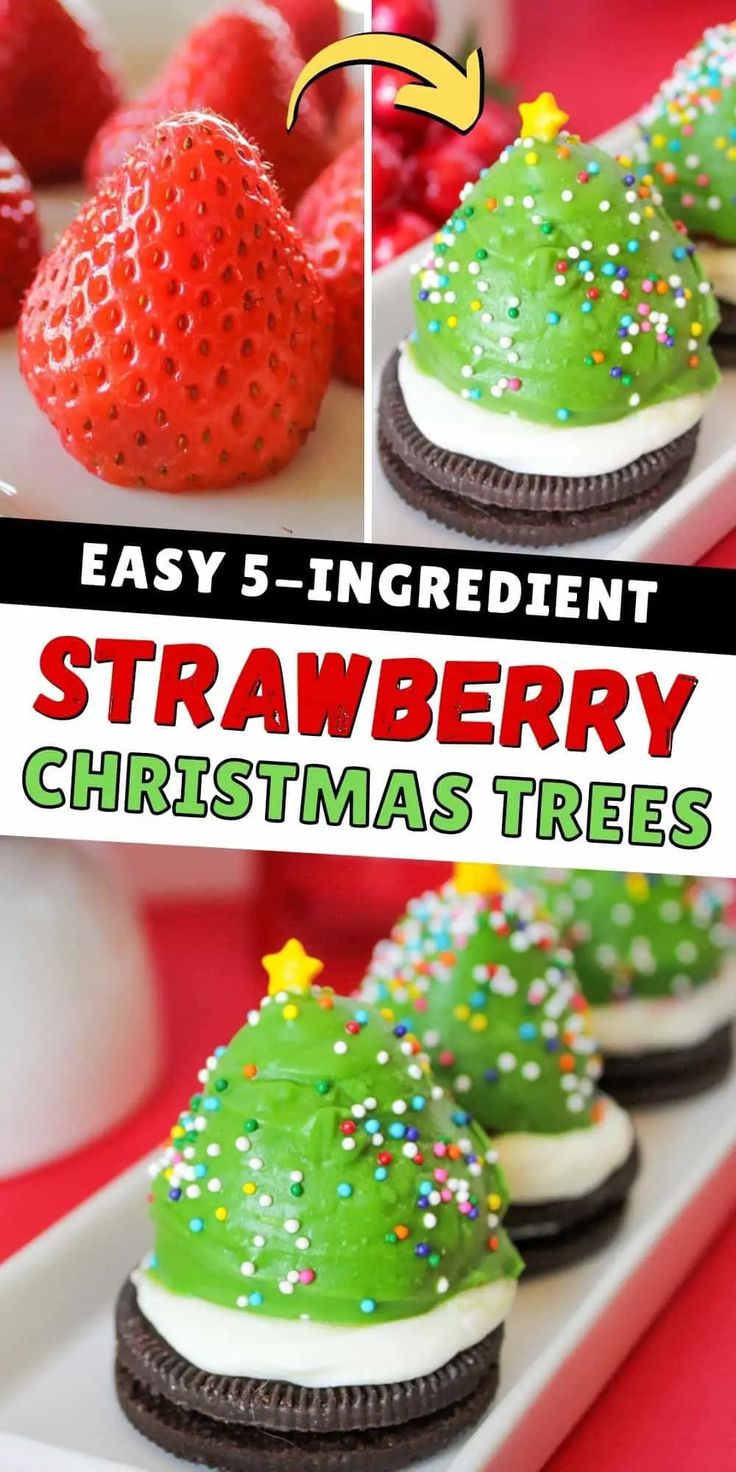 an easy recipe for strawberry christmas trees made with oreo cookies and green frosting