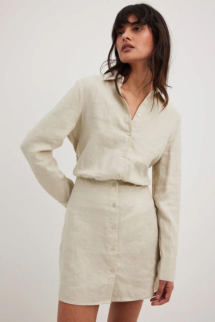 Linen Shirt Dress Beige | NA-KD Chic Collared Linen Dress, Classic Long Sleeve Mini Dress For Daywear, Elegant Long Sleeve Neutral Mini Dress, Classic Linen Shirt Dress With Spread Collar, Chic Linen Shirt Dress With Button Cuffs, Chic Button-up Linen Dress, Chic Long Sleeve Neutral Shirt Dress, Neutral Long Sleeve Shirt Dress For Daywear, Classic Long Sleeve Linen Dress