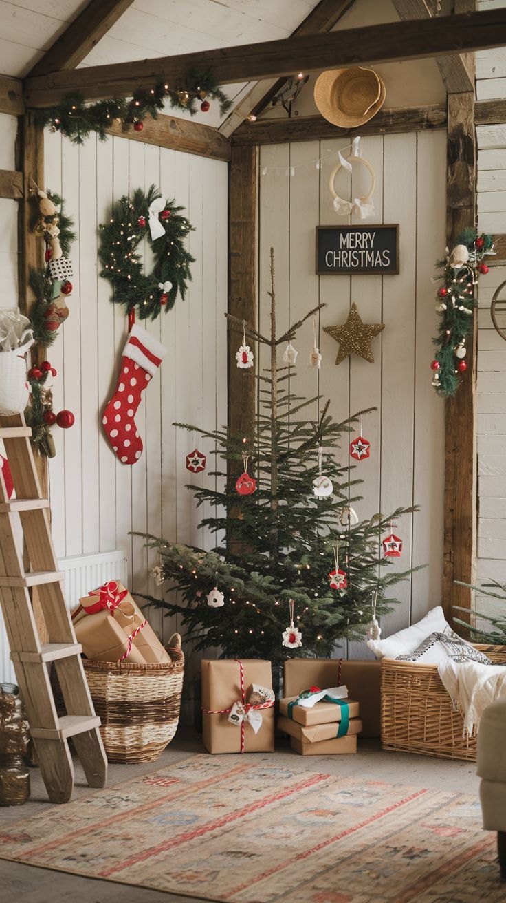 a christmas tree with presents under it in a room