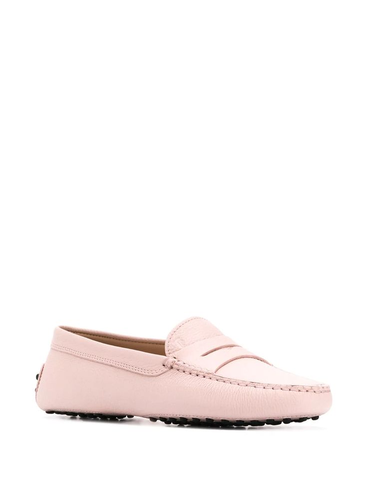 Classic Pink Leather Shoes With Round Toe, Leather Sole Driving Slip-ons, Pink Leather Sole Flat Loafers, Pink Loafers With Leather Sole And Flat Heel, Pink Flat Loafers With Leather Sole, Pink Loafers With Leather Sole, Leather Sole Slip-ons For Driving, Pink Leather Flats With Rubber Sole, Spring Pink Leather Shoes With Rubber Sole