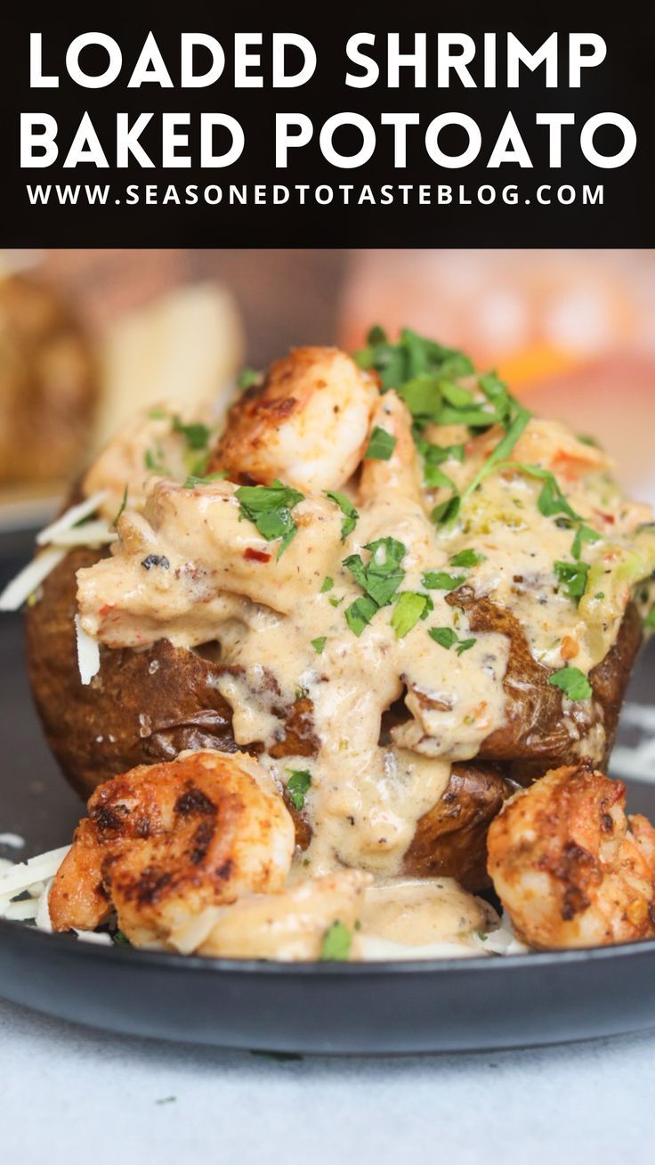 loaded shrimp baked potato on a black plate