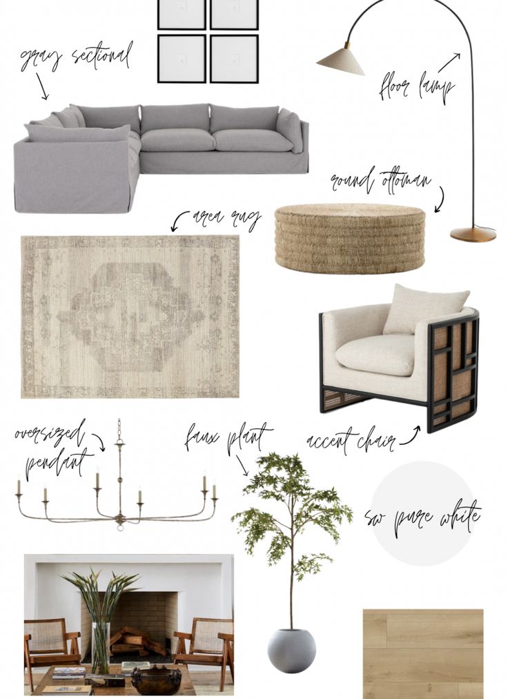 a living room mood board with furniture and decor