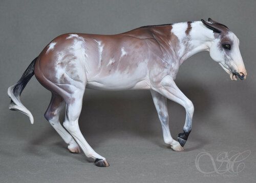 a white and brown horse standing on top of a gray floor