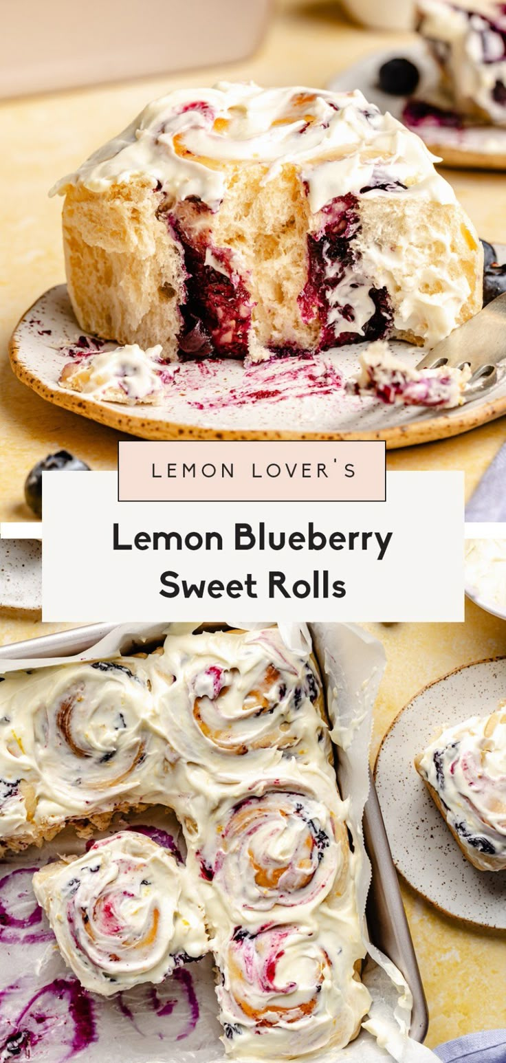 lemon blueberry sweet rolls with cream cheese frosting on top and in the middle