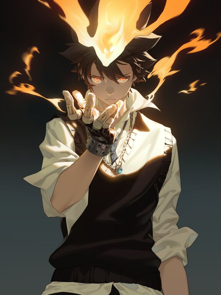 an anime character holding his hand up to his face with flames coming out of it