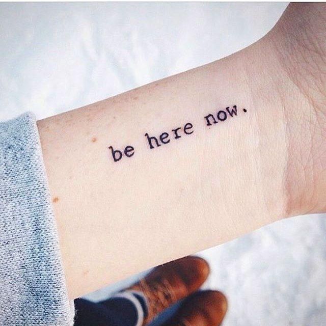 two pictures one with the words be here now and another with an image of someone's arm